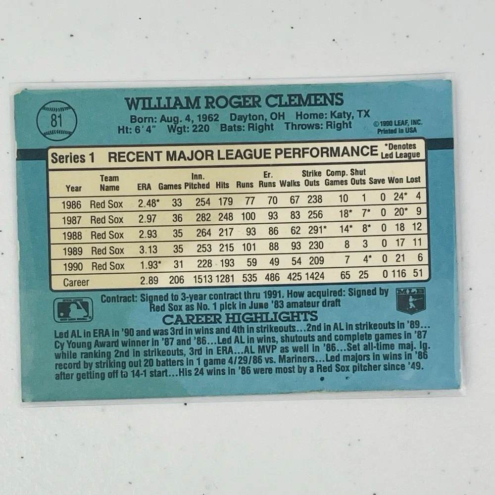 1991 Donruss Roger Clemens 81 Boston Red Sox Baseball  Trading Card Blue Stripes